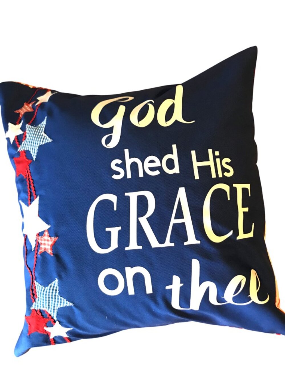 Patriotic Pillow Cover, Patchwork Stars God Shed His Grace on Thee 18 x 18